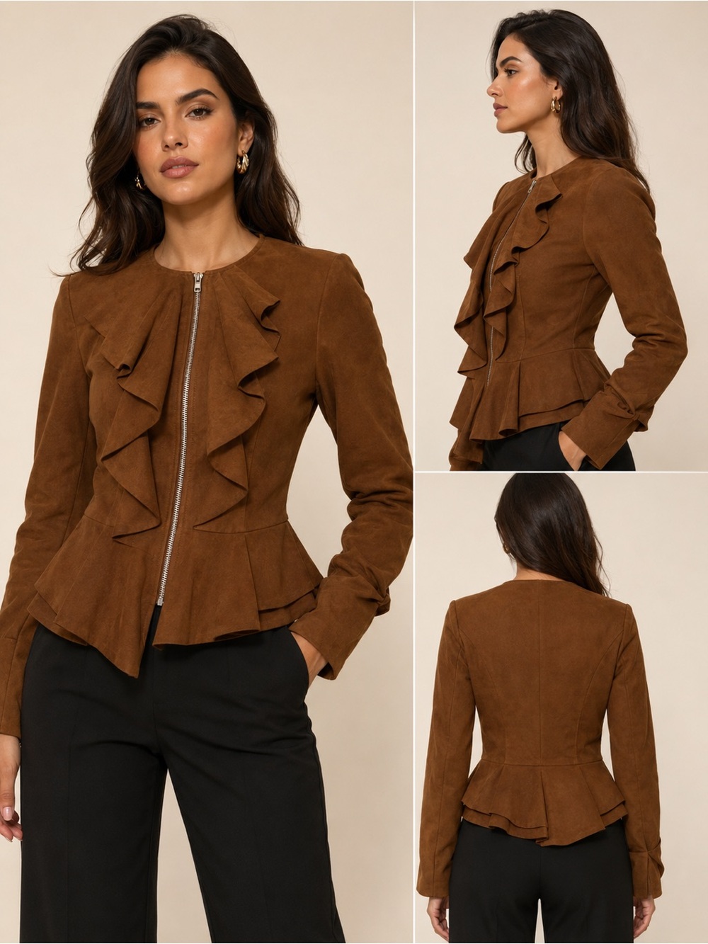 INC International Concepts Brown Suede Ruffle Front Jacket